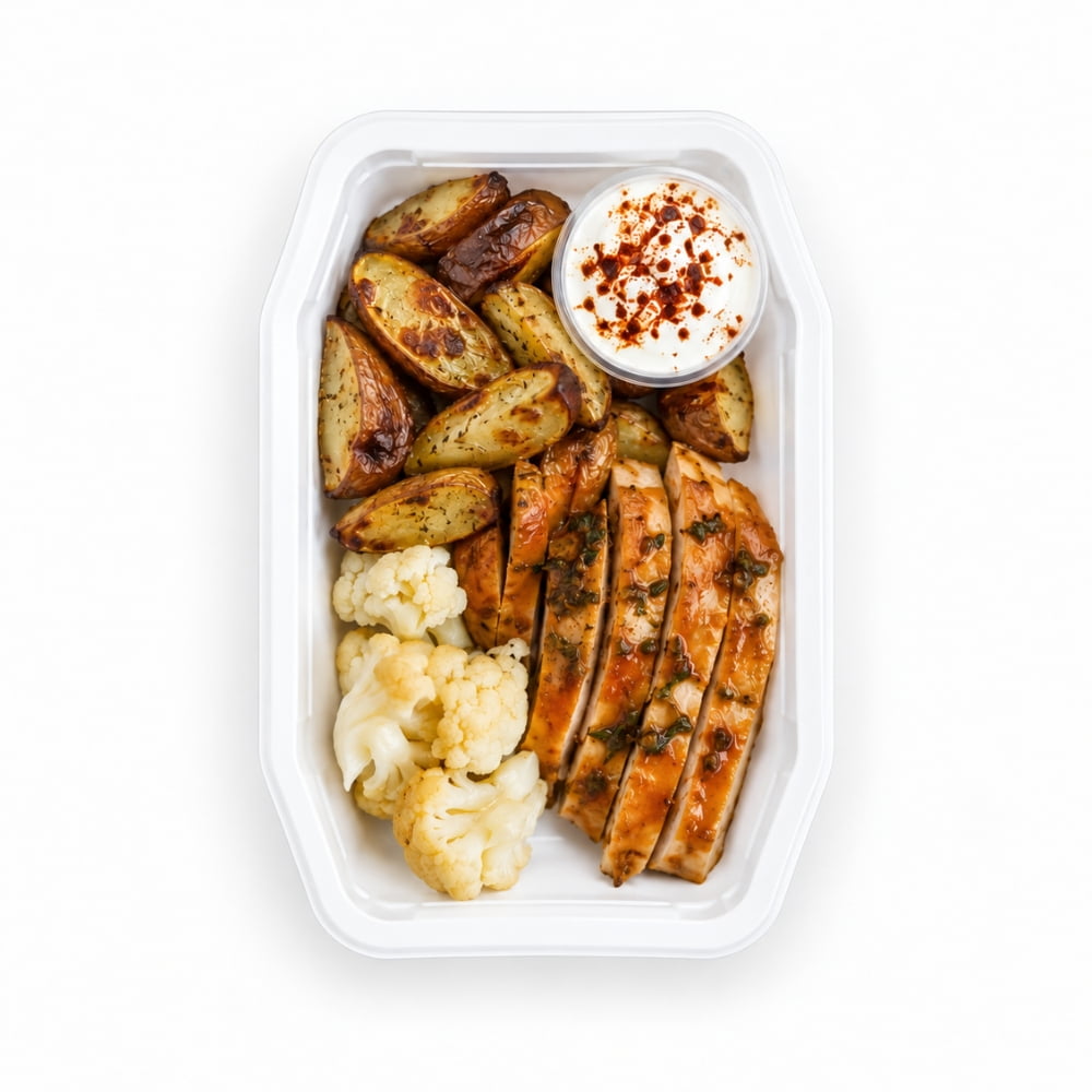Honungsglazerad kyckling med potatisklyftor & örtyoghurt